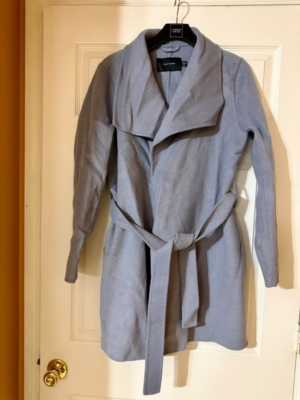 Tahari Light Gray Shawl-Collar Belted Trench Coat